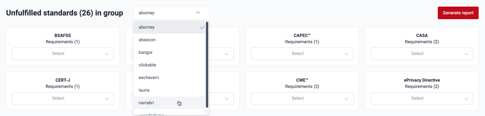 Choose group to assess compliance on the Fluid Attacks platform