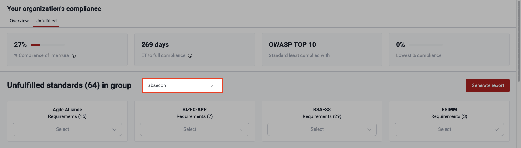 Select group for compliance report on the Fluid Attacks platform