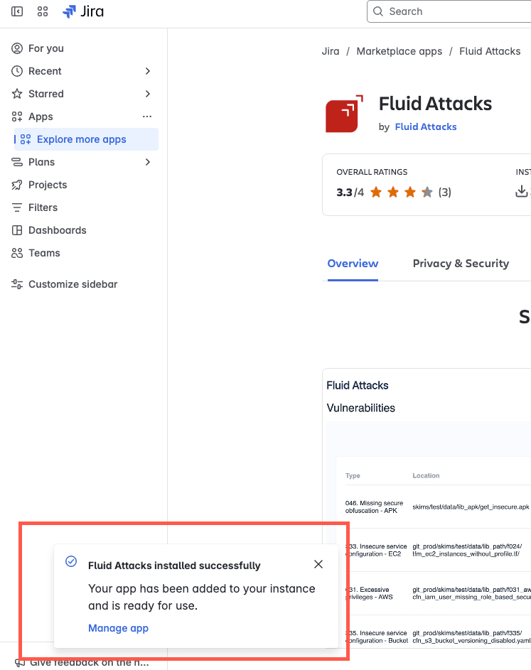 Manage Fluid Attacks app on Jira after installed