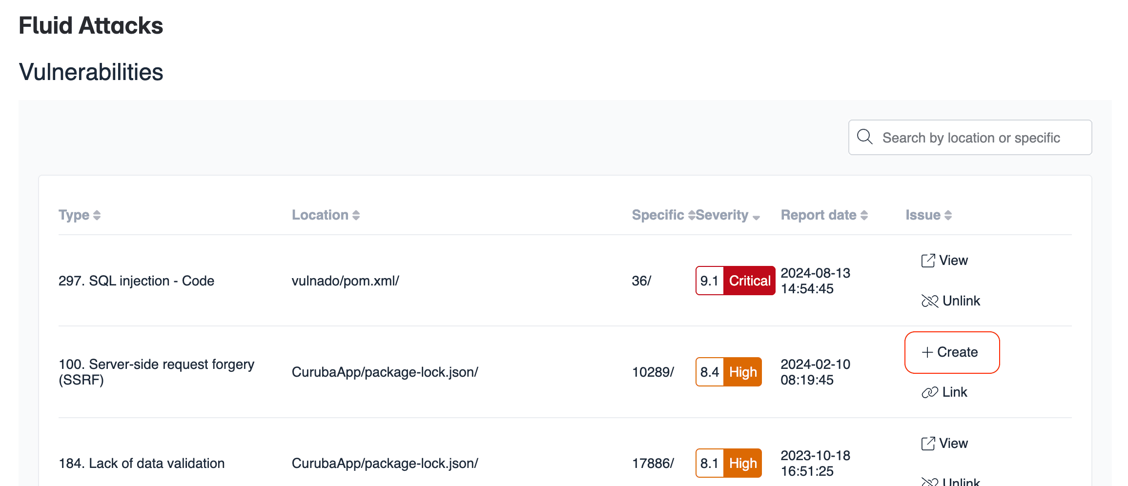 Create Jira issue from the table of vulnerabilities found by Fluid Attacks