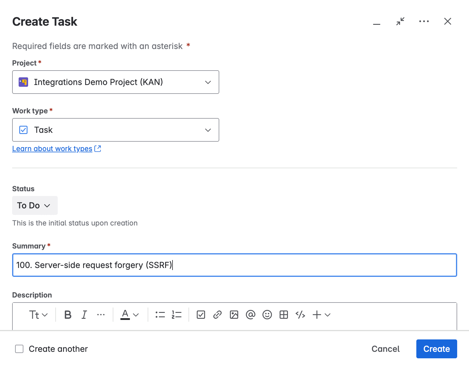 View the fields to create a Jira issue on a vulnerability reported by Fluid Attacks