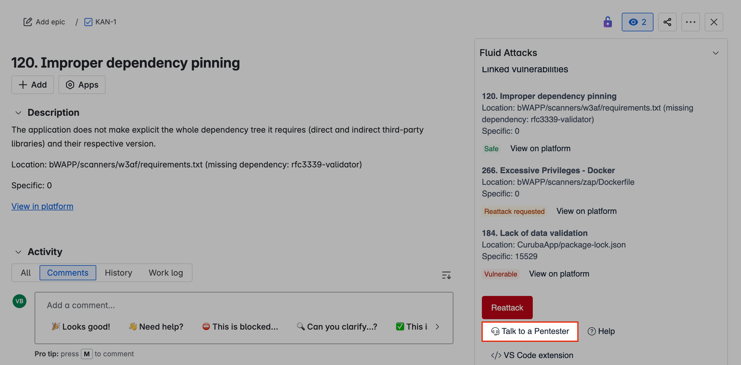 Find the link to talk to a pentester at Fluid Attacks in a Jira issue