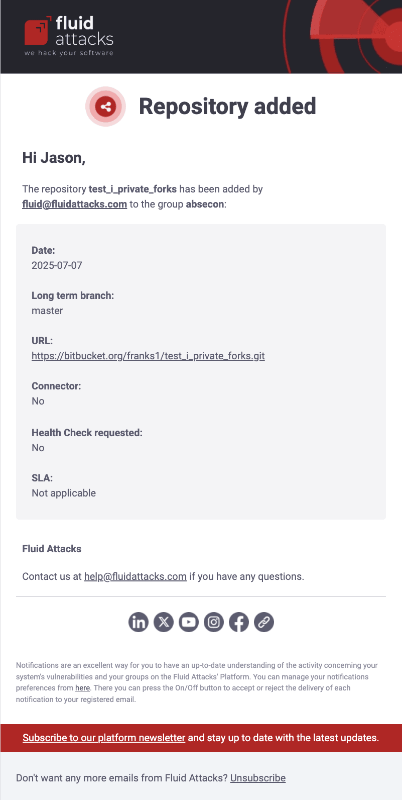 Enable Repository added notifications from the Fluid Attacks platform