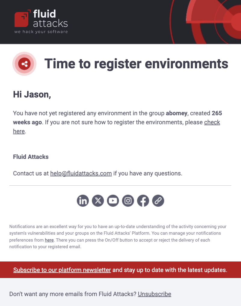 Get Missing environment email from the Fluid Attacks platform