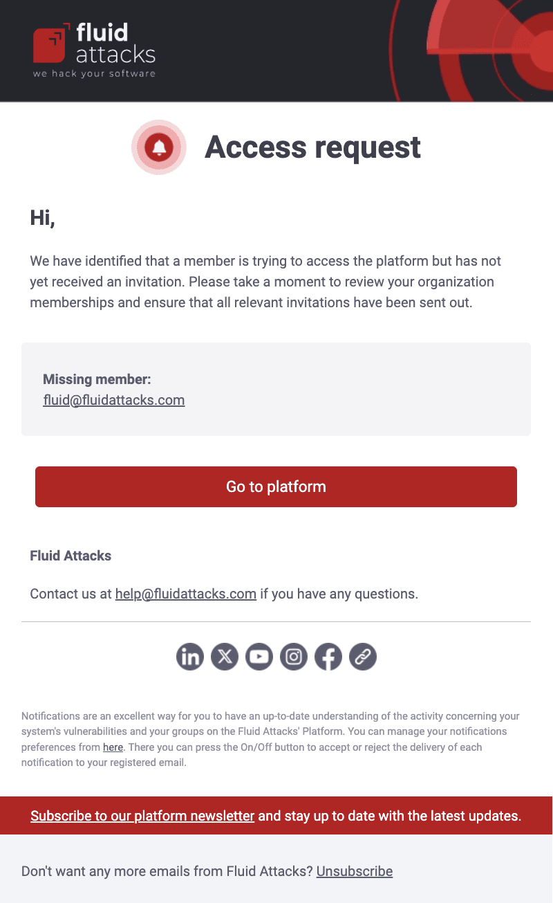Get the missing member email from the Fluid Attacks platform