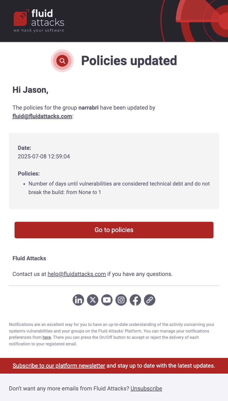 Enable policies update notification on the Fluid Attacks platform