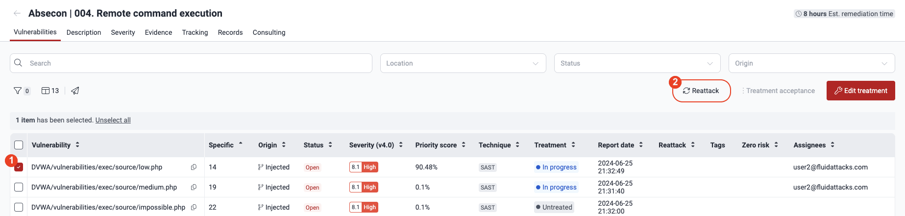 Select vulnerability to reattack on the Fluid Attacks platform