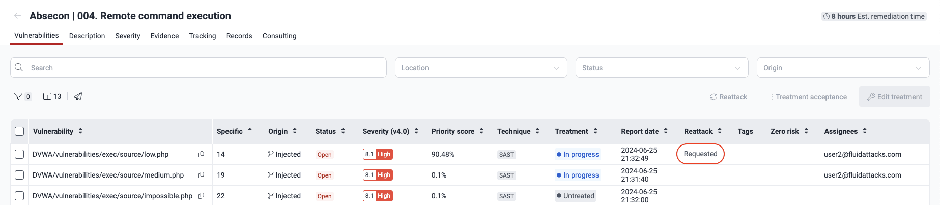 View reattack status on the Fluid Attacks platform
