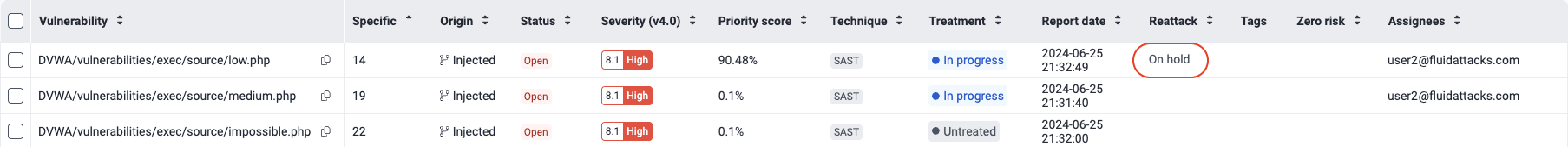 View reattacks on hold on the Fluid Attacks platform