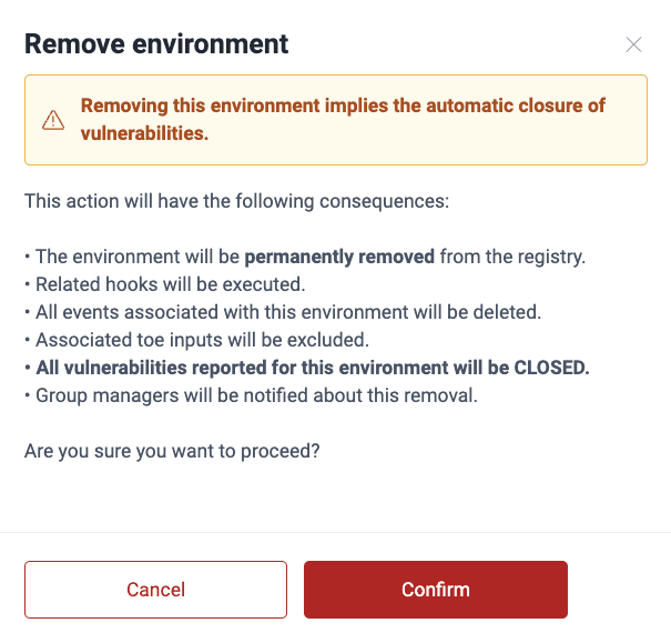 Confirm environment removal on the Fluid Attacks platform