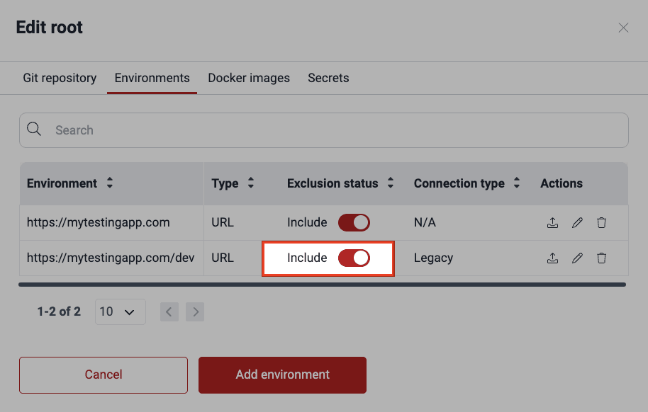 Exclude environment from tests on the Fluid Attacks platform
