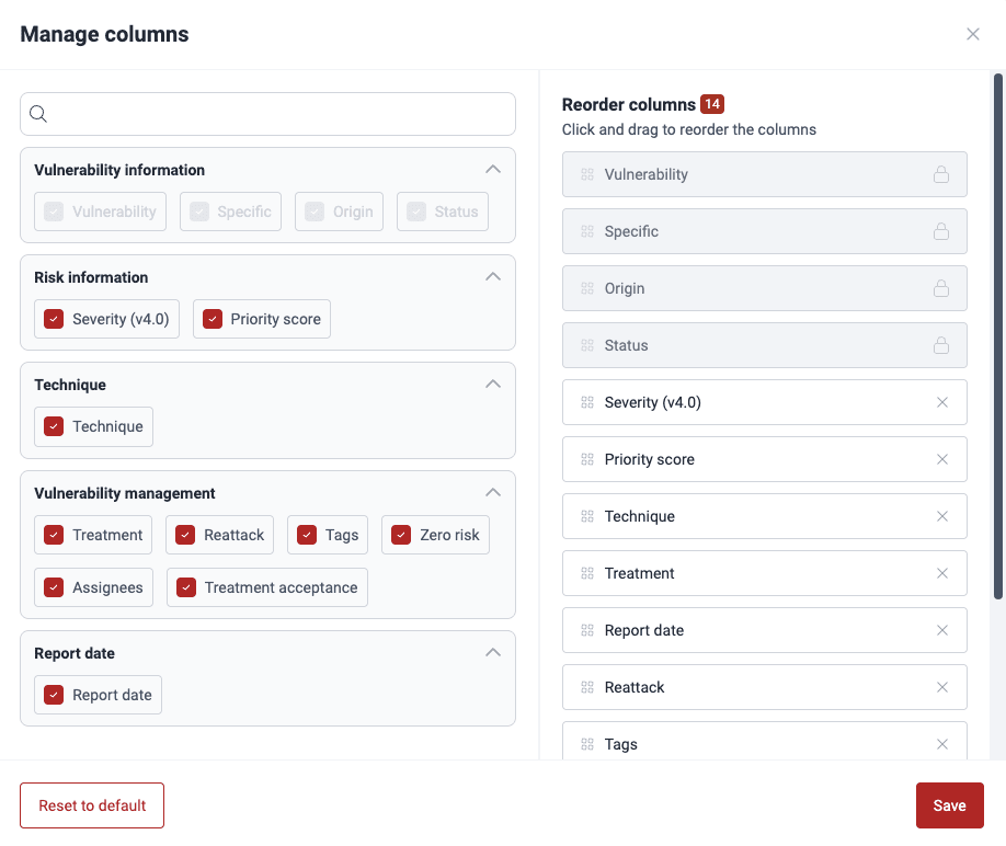 Edit Vulnerability table columns on the Fluid Attacks platform