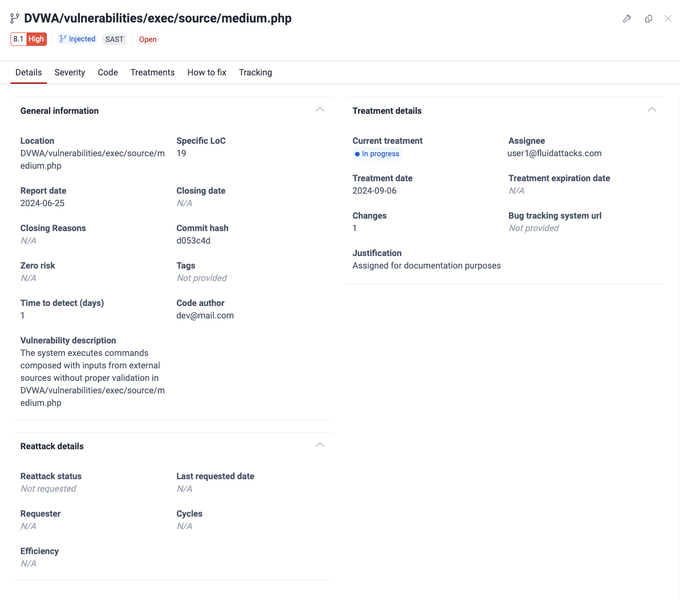 View vulnerability details on the Fluid Attacks platform