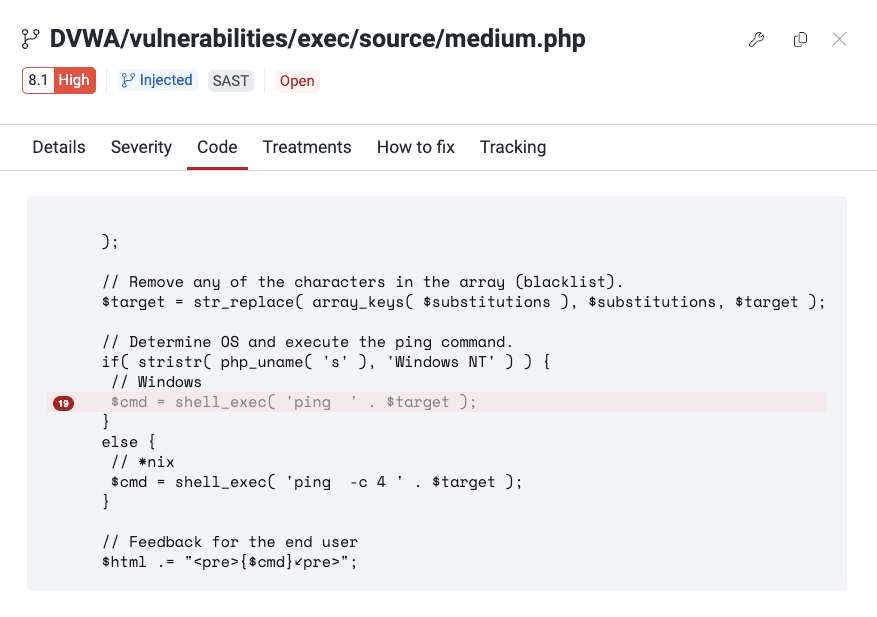 View the vulnerable line of code on the Fluid Attacks platform