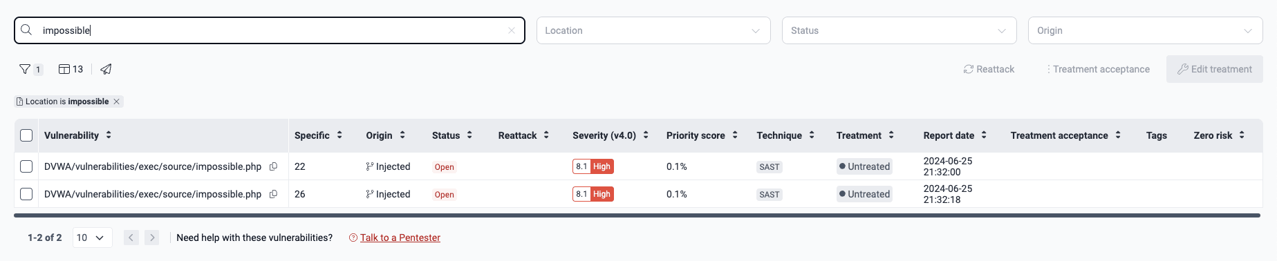 Search vulnerability location on the Fluid Attacks platform