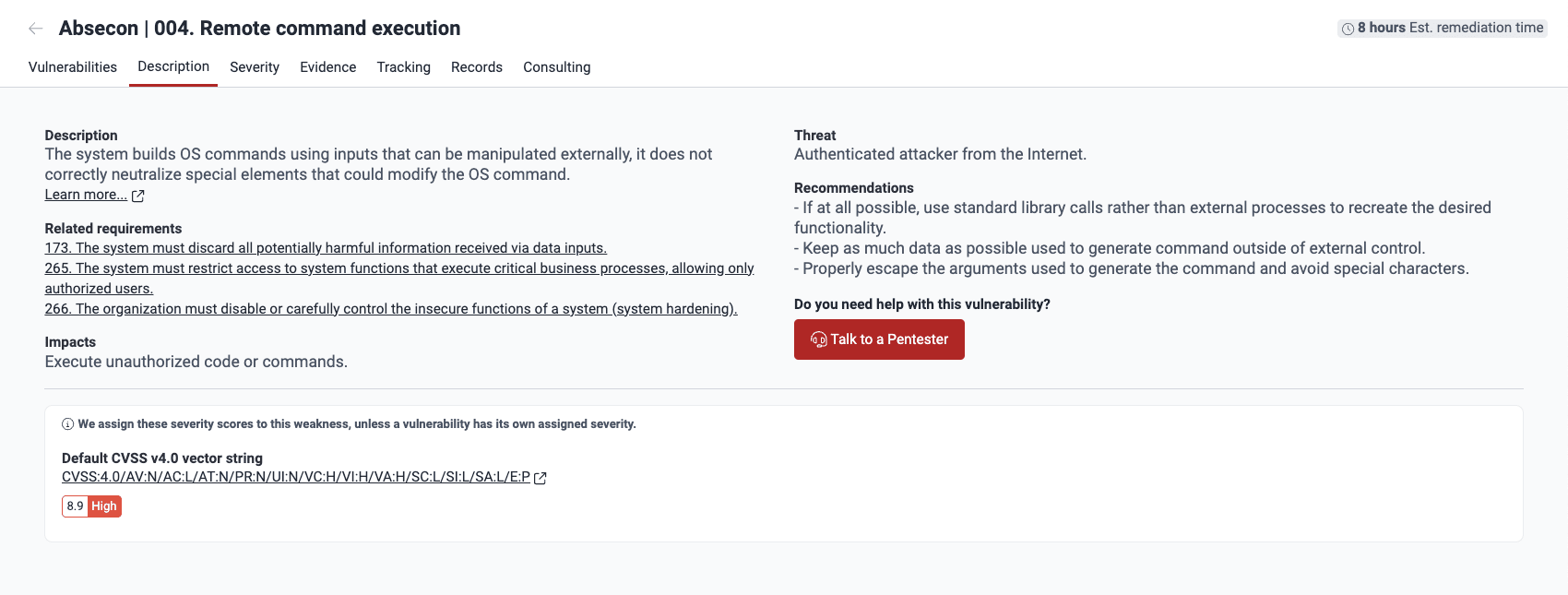 View vulnerability description on the Fluid Attacks platform