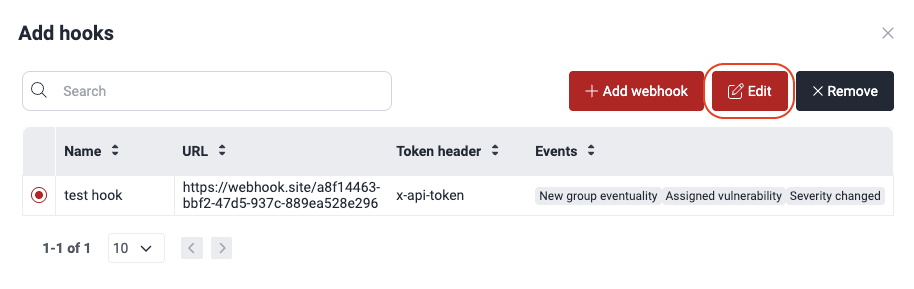 Select a webhook to edit on the Fluid Attacks platform