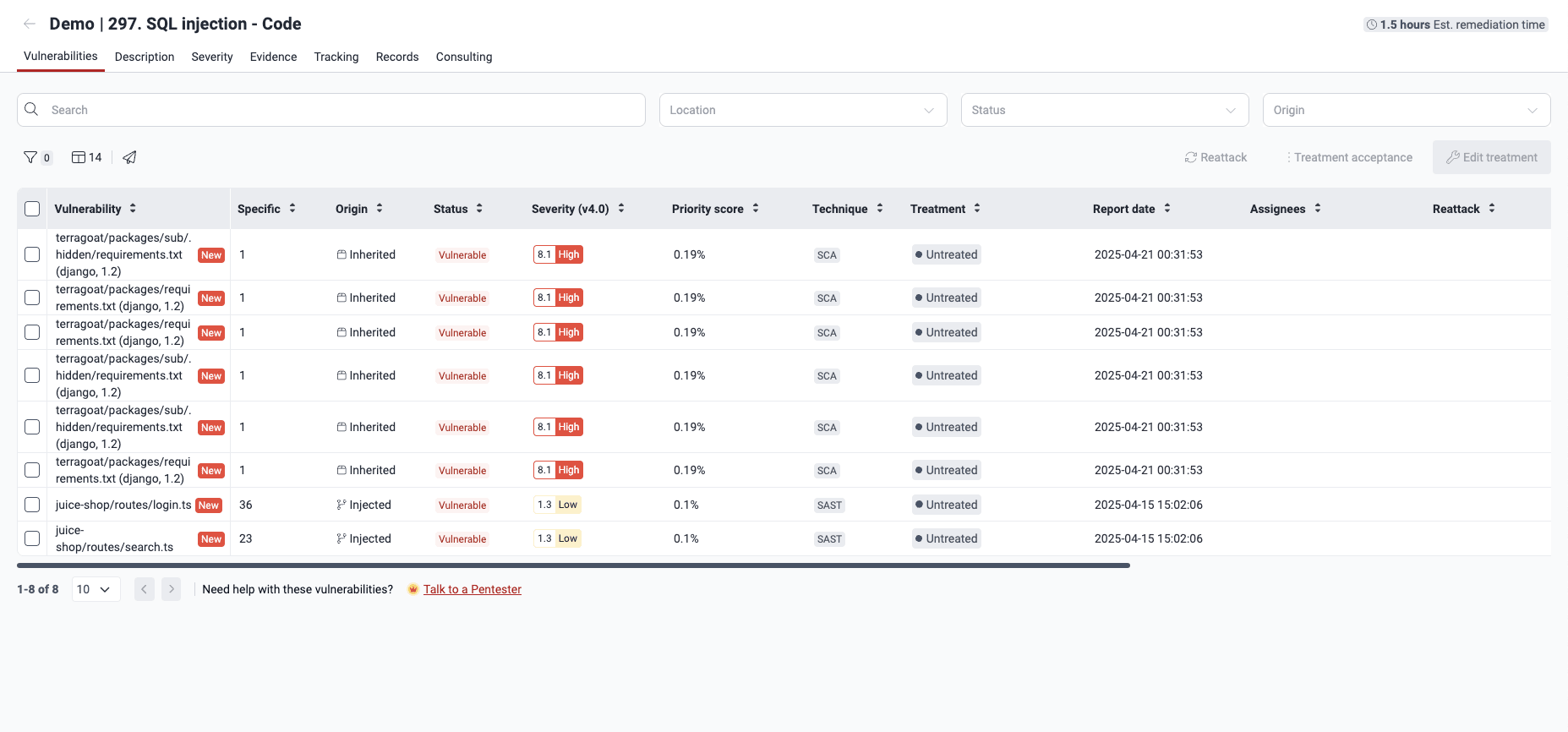 View where the vulnerability is present on the Fluid Attacks platform