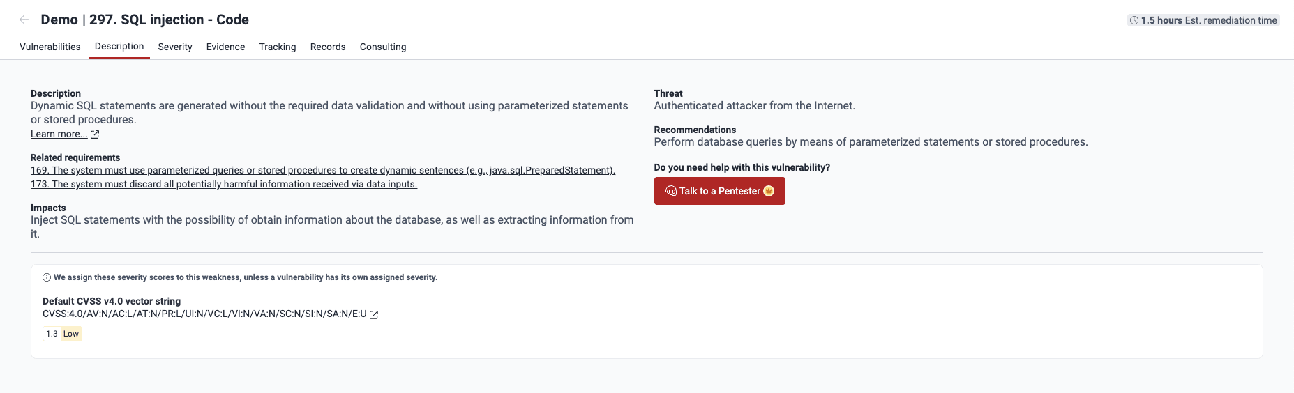 See a vulnerability description and fix advice on the Fluid Attacks platform