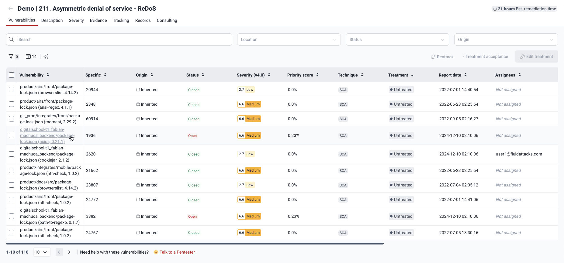 Select vulnerability to assign remediation on the Fluid Attacks platform