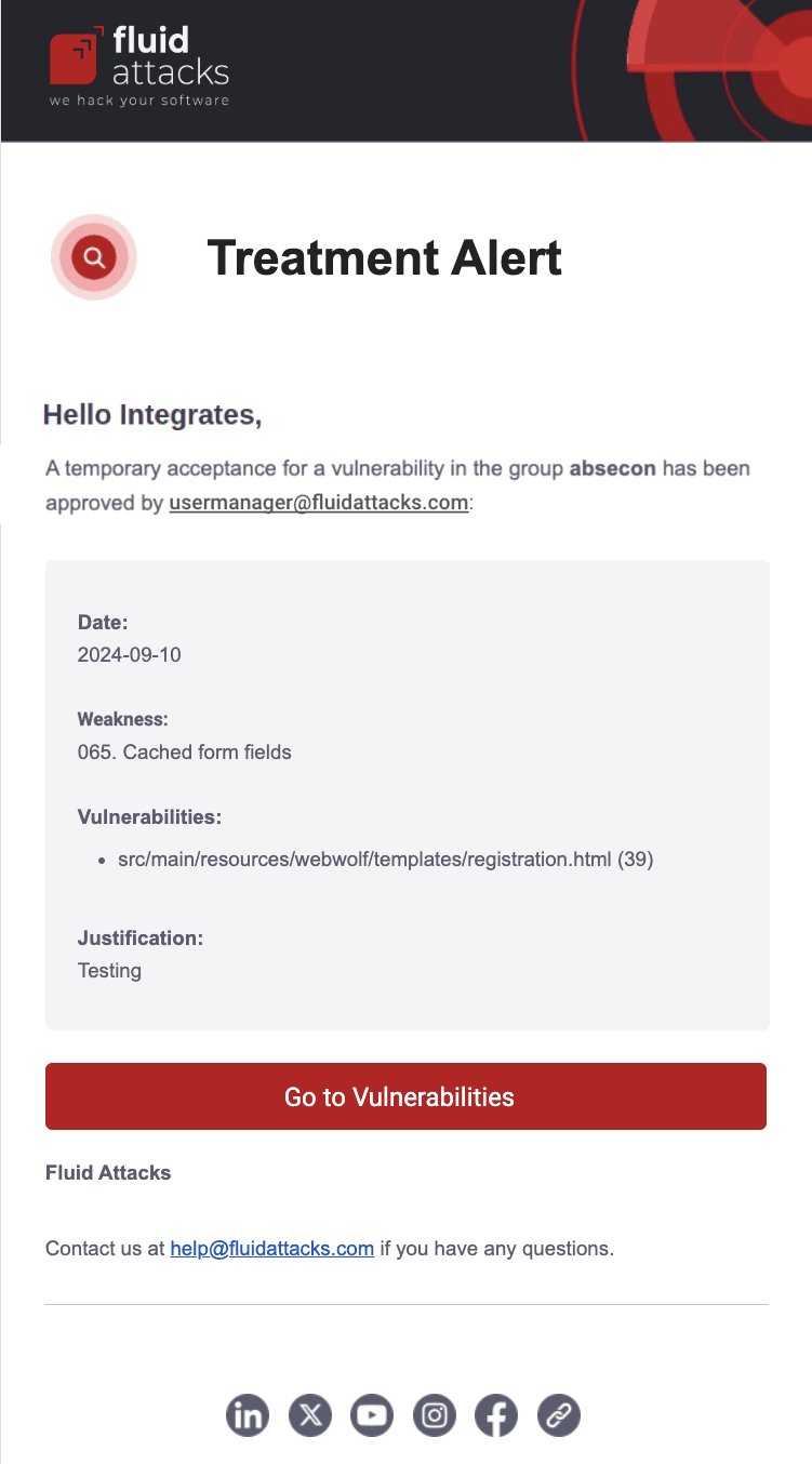 Enable the treatment report notification on the Fluid Attacks platform