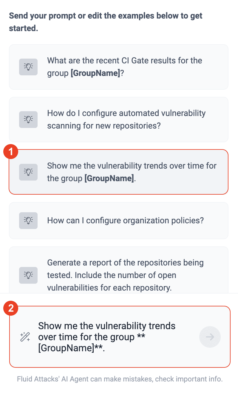 Use AI Agent prompts on the Fluid Attacks platform