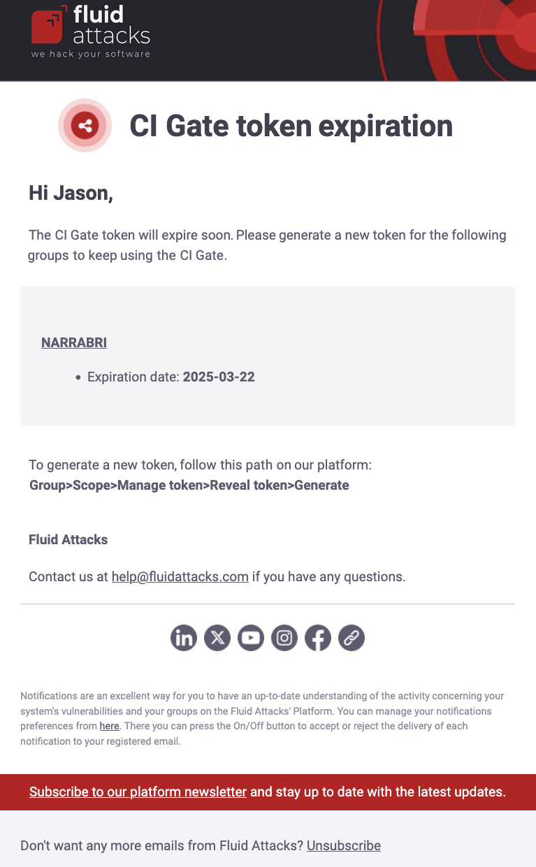 Enable token expiration notification on the Fluid Attacks platform