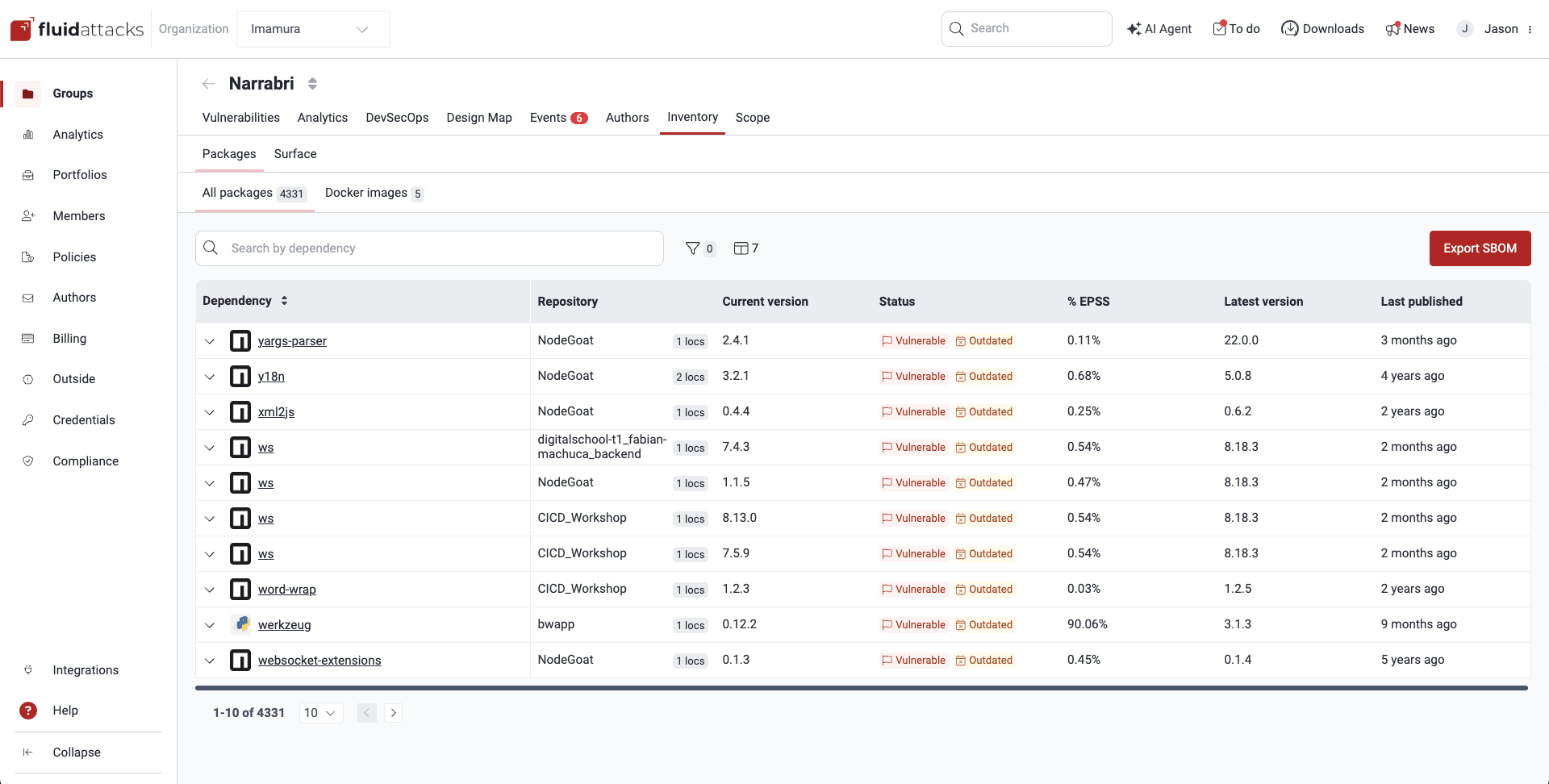 View packages security status on the Fluid Attacks platform