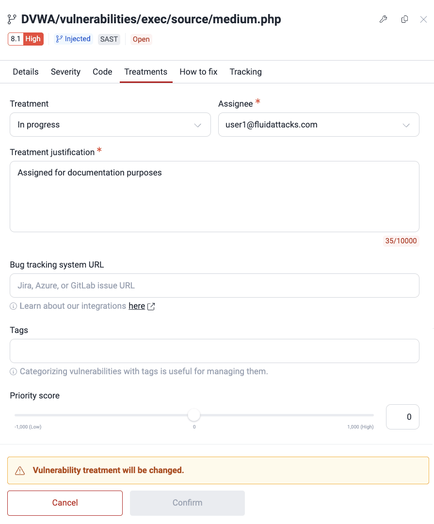 Manage vulnerability treatments on the Fluid Attacks platform