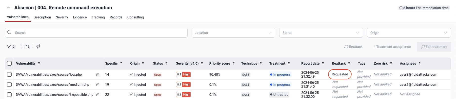 View reattack status on the Fluid Attacks platform