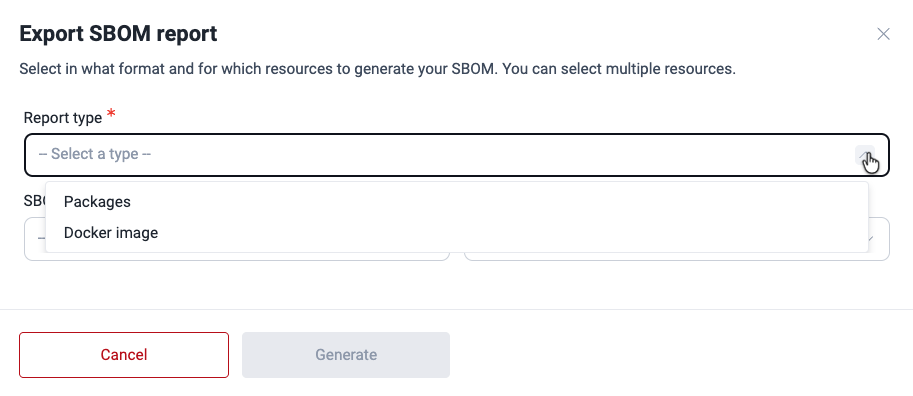 Select SBOM report type on the Fluid Attacks platform