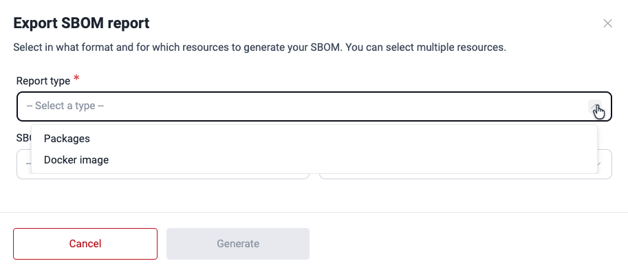 Select SBOM report type on the Fluid Attacks platform