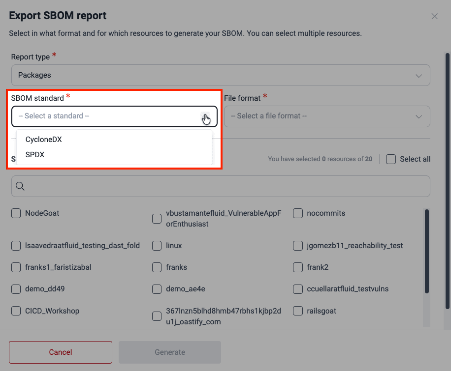 Choose SBOM format on the Fluid Attacks platform