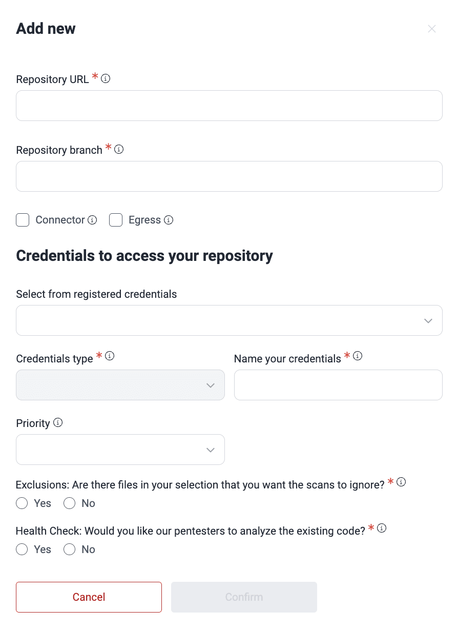 Fill out Git repository form on the Fluid Attacks platform