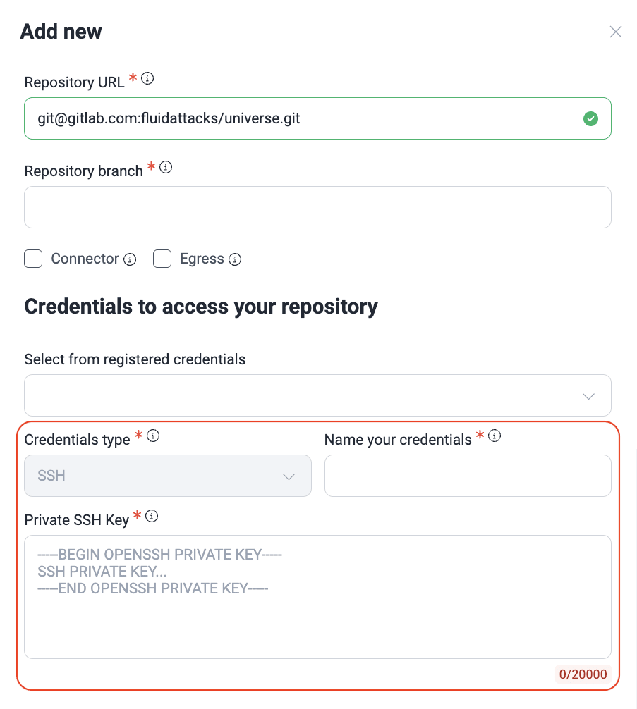 Use SSH key as credentials on the Fluid Attacks platform