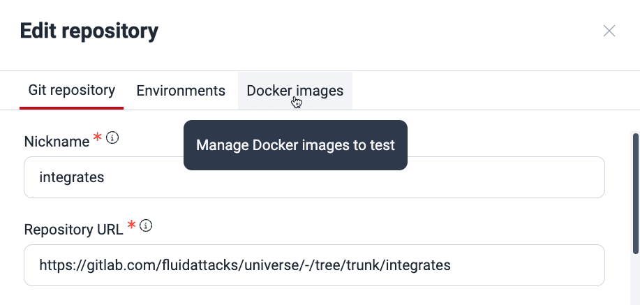 Find the Docker images tab on the Fluid Attacks platform