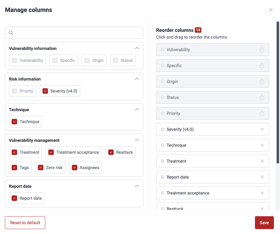 Edit Vulnerability table columns on the Fluid Attacks platform