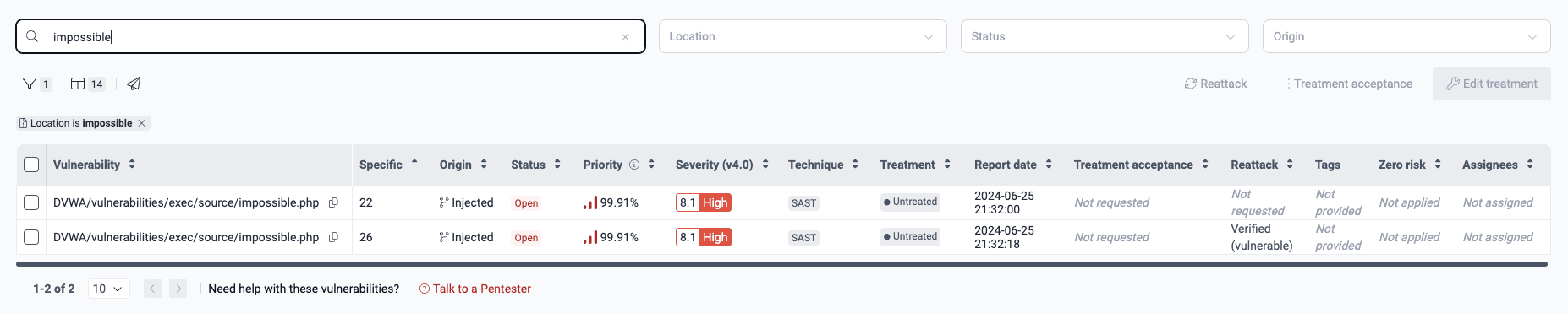 Search vulnerability location on the Fluid Attacks platform