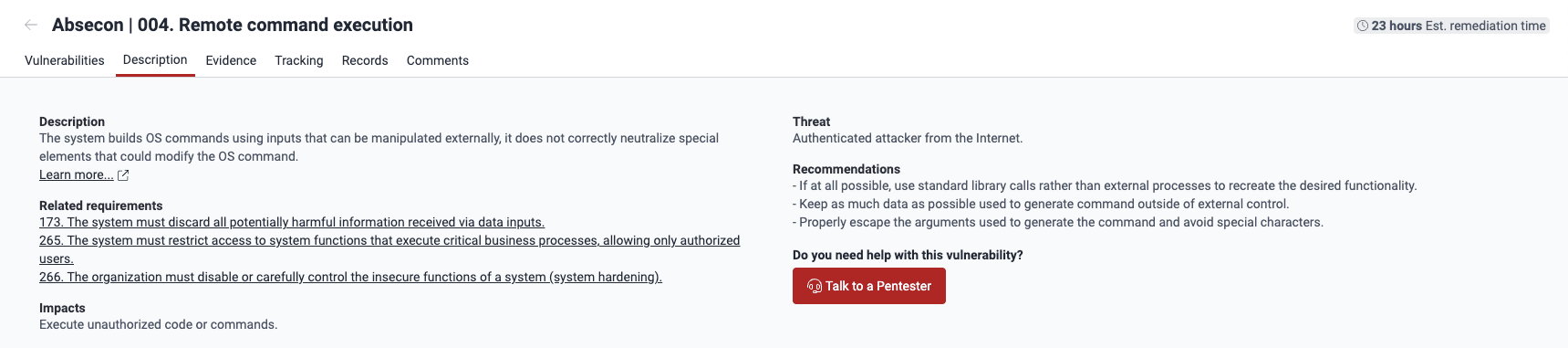View vulnerability description on the Fluid Attacks platform