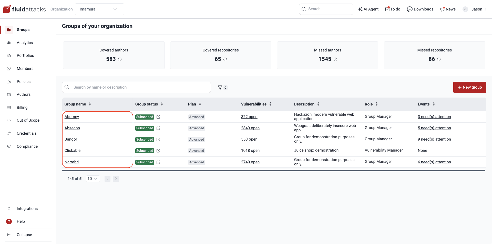 Select a group on the Fluid Attacks platform