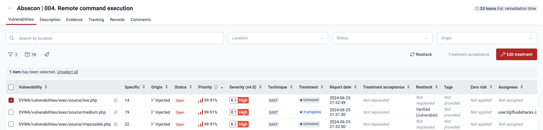 Edit a vulnerability treatment on the Fluid Attacks platform
