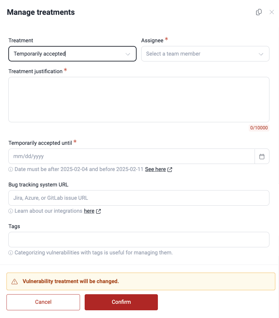 Fill out treatment form on the Fluid Attacks platform