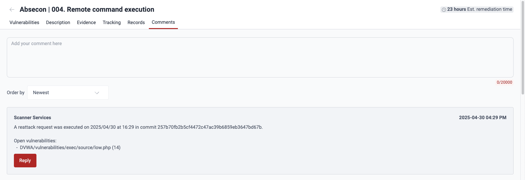 View reattack status in Comments on the Fluid Attacks platform