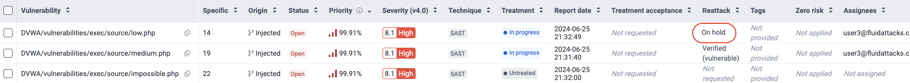 View reattacks on hold on the Fluid Attacks platform