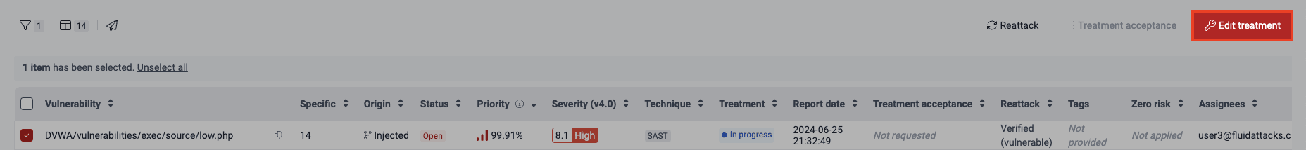 Choose a vulnerability to edit it on the Fluid Attacks platform