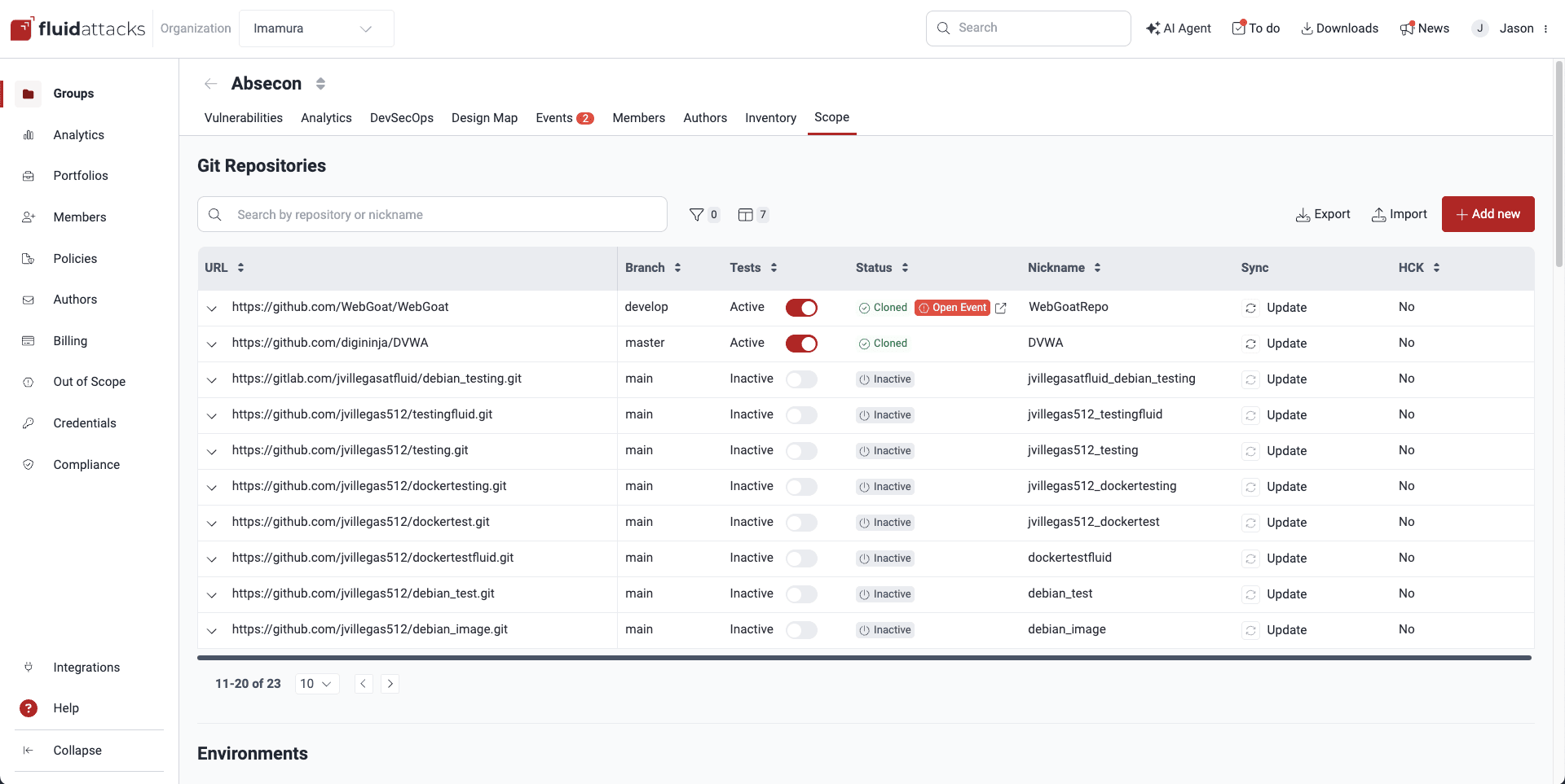 View Git repositories under testing on the Fluid Attacks platform