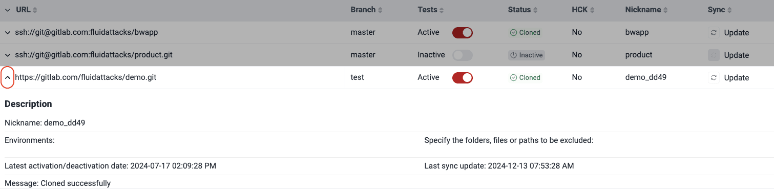 Reveal details of the Git repository on the Fluid Attacks platform