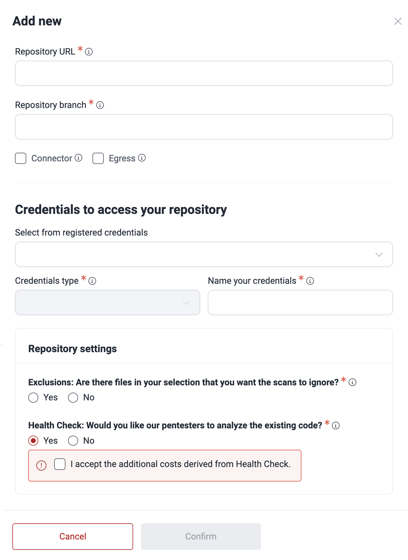 Fill out Git repository form on the Fluid Attacks platform