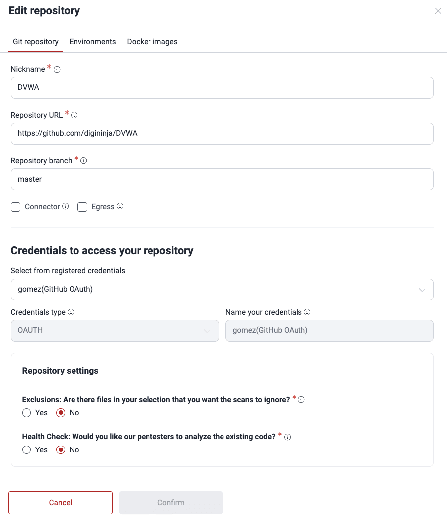 Edit Git repository on the Fluid Attacks platform