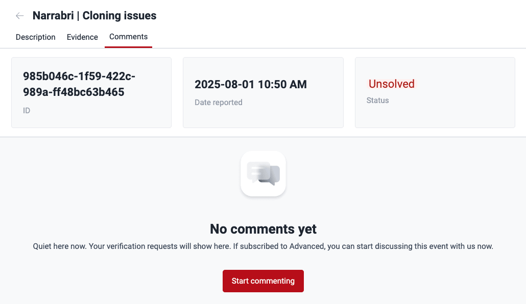 View Comments for an event on the Fluid Attacks platform